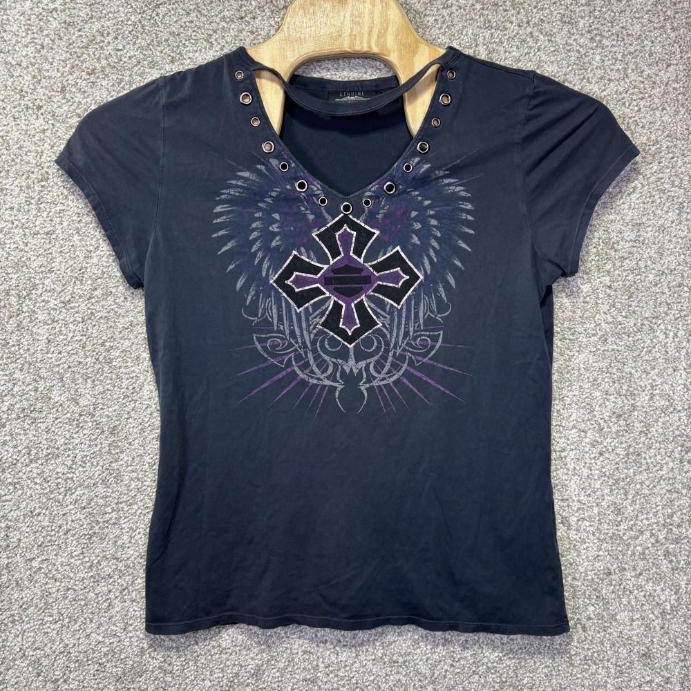 Harley-Davidson Shirt Womens Large Black Studded V Neck Cross Wings Graphic Tee